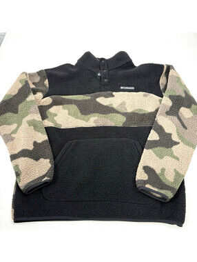 Columbia Camo Black Sherpa Fleece Pullover Women’s L Quarter Snap Jacket AM5879
